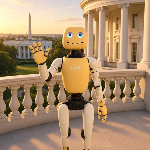 Lumi waving from White House / DC balcony at golden hour