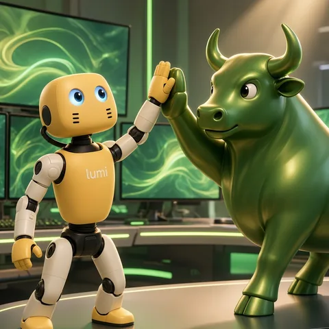 Lumi high-fiving a bullish green bull statue on Robinhood-green trading desk
