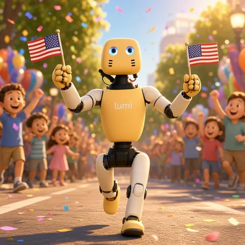 Lumi marching as parade mascot with tiny American flags