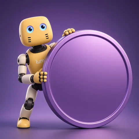Lumi peeking from behind a giant blank Solana-purple coin