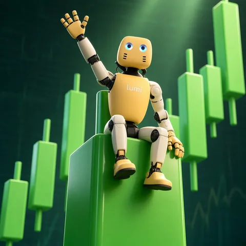 Lumi sitting on a giant green candle chart like a throne