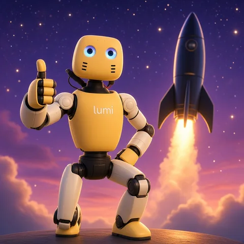 Lumi thumbs-up next to a rocket silhouette launch
