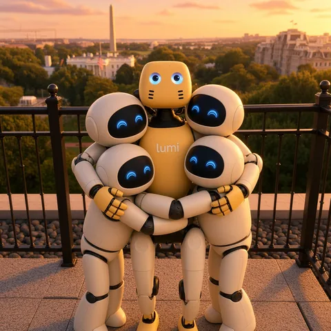 Lumi group hug with small robot friends at sunset